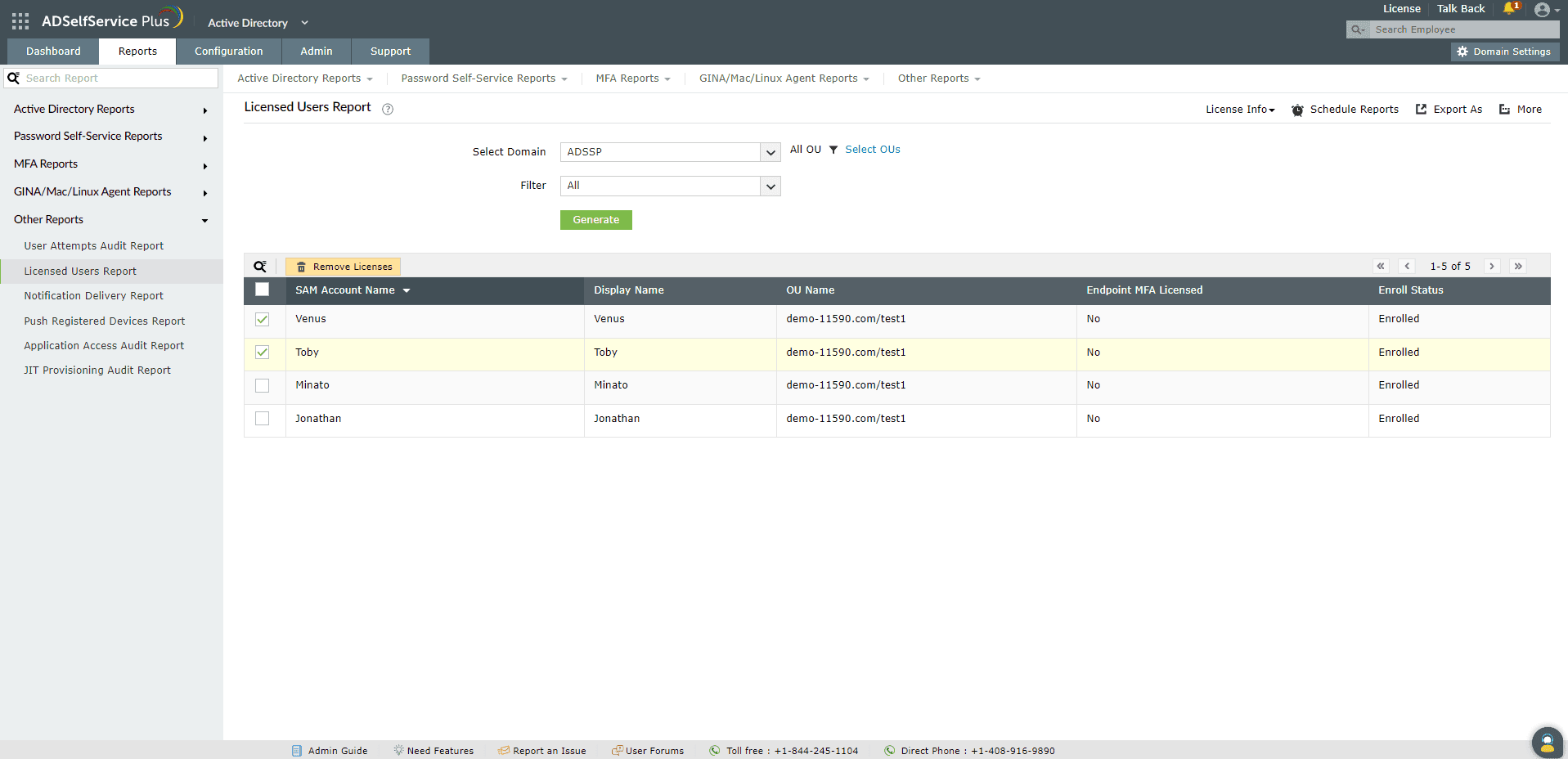 Licensed Users Report generation screen showing domain selection, OU filter, and Filter drop-down options.