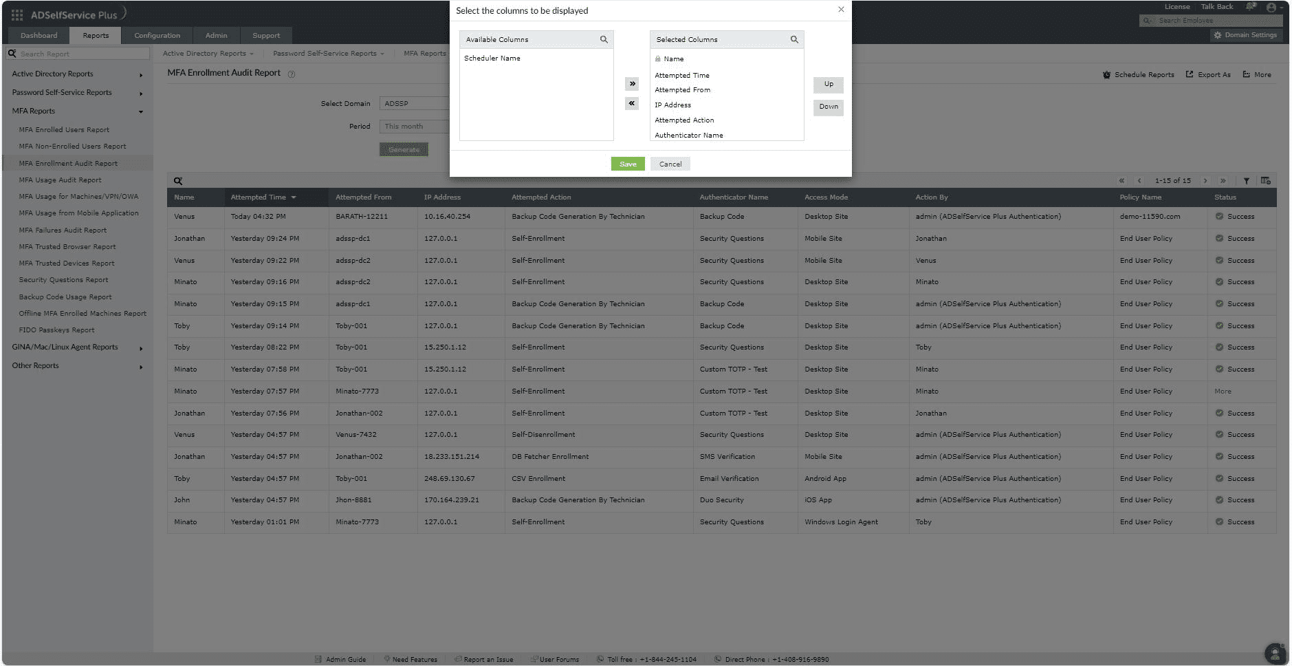 MFA enrollment audit report in ADSelfService Plus