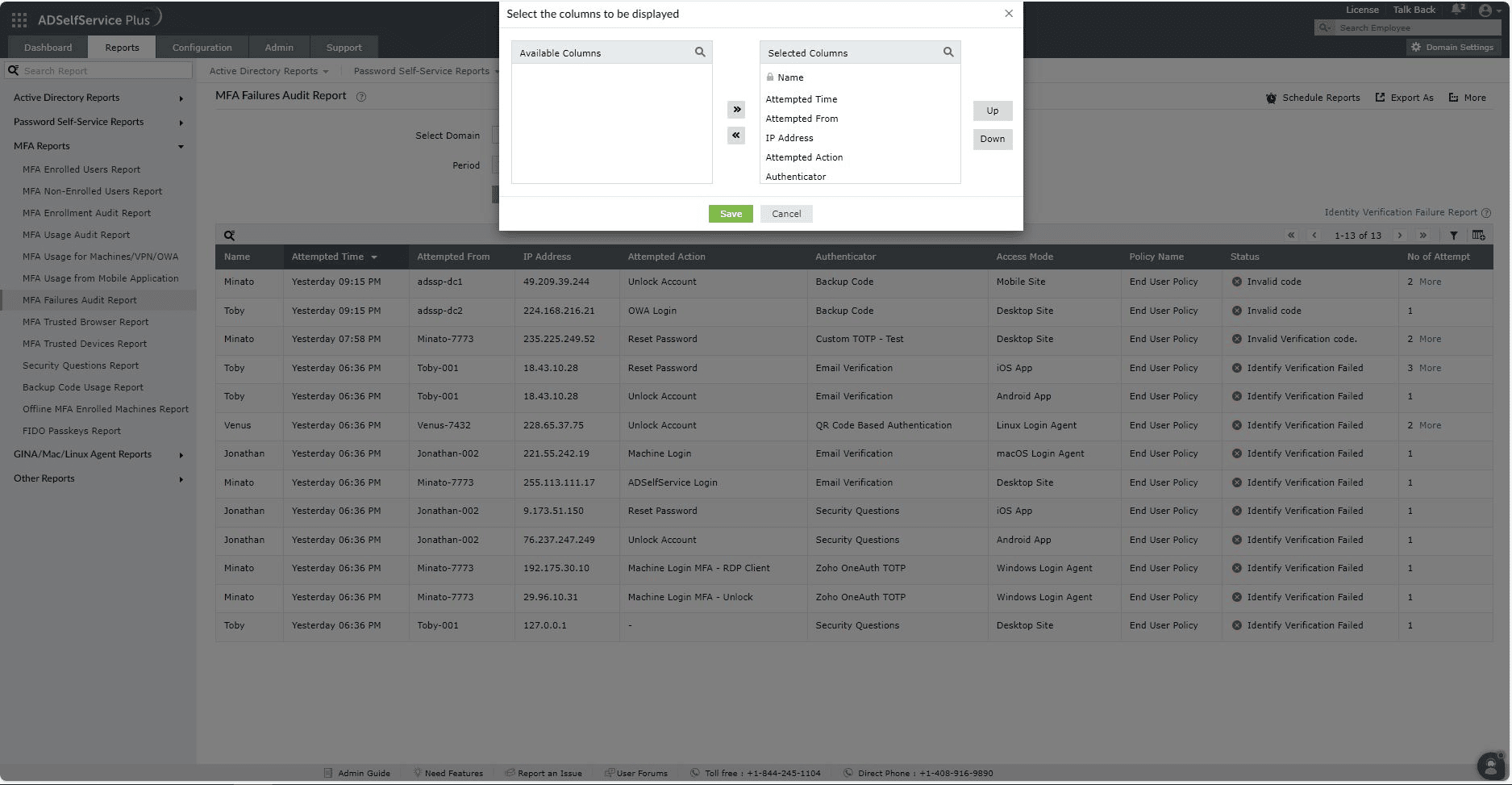 MFA failures audit report in ADSelfService Plus
