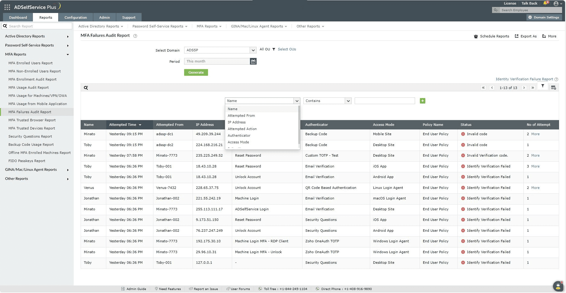 MFA failures audit report in ADSelfService Plus