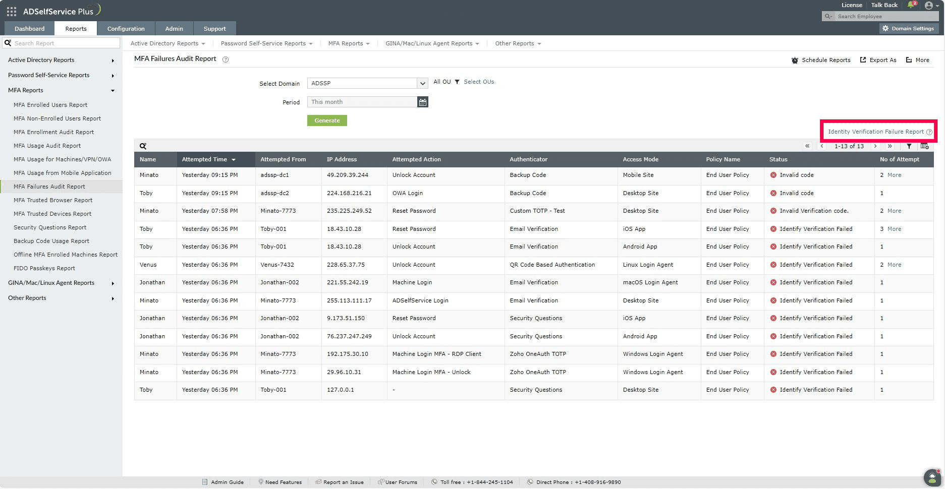 Filtering the MFA failures audit report in ADSelfService Plus