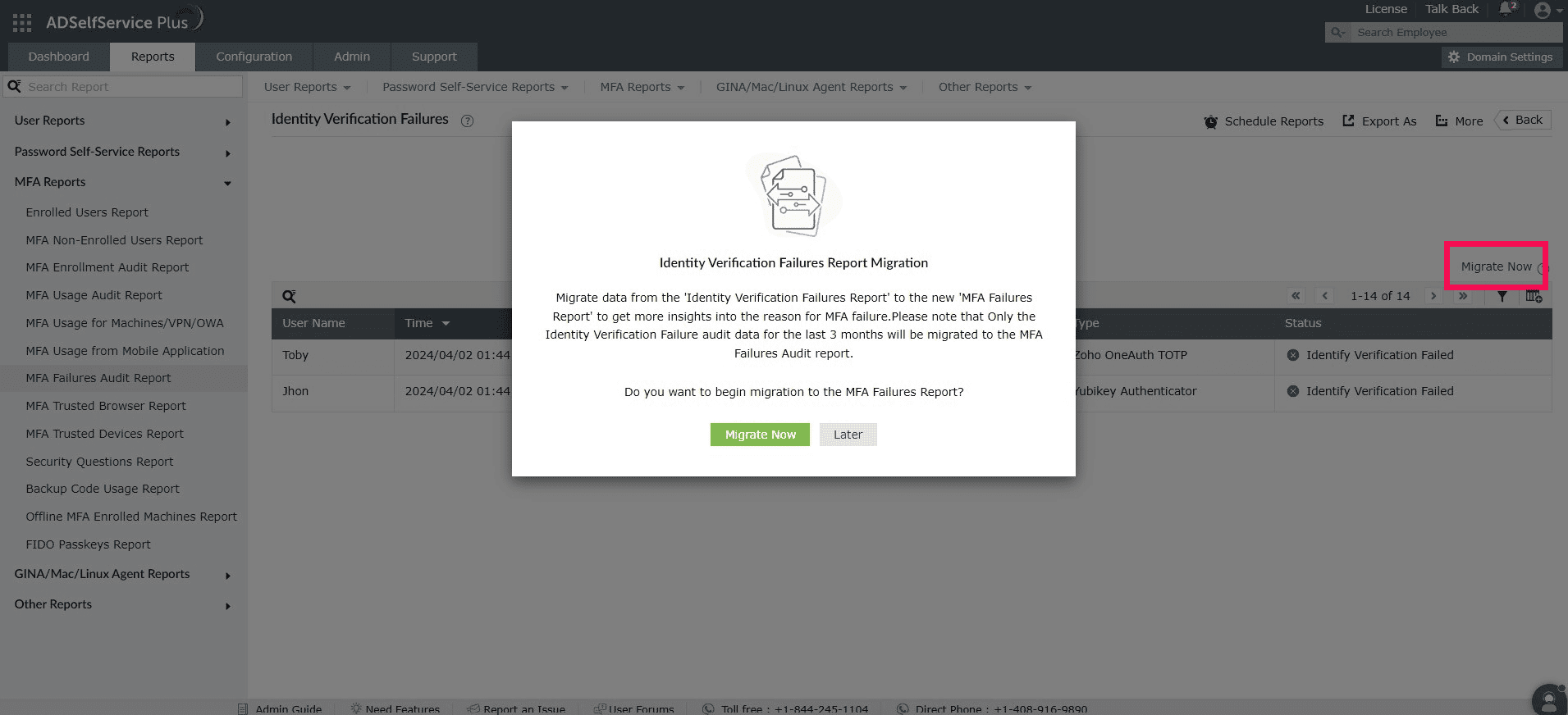 Migrating to the MFA failures audit report in ADSelfService Plus