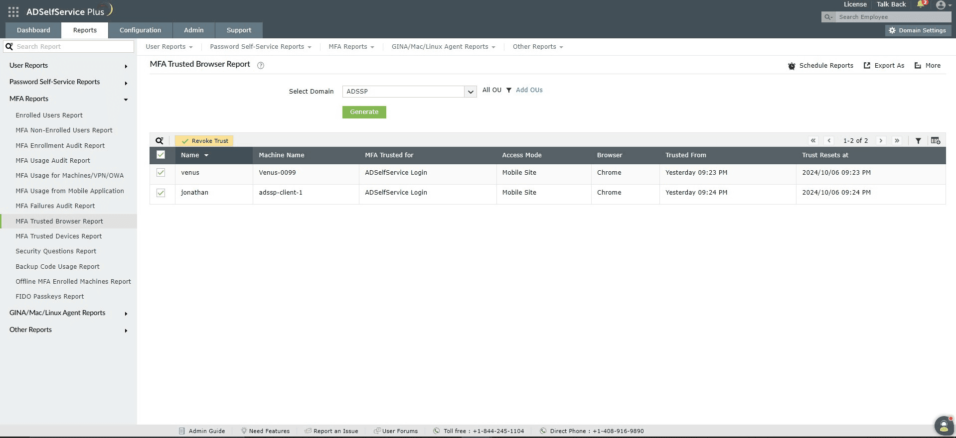 MFA Trusted browsers report in ADSelfService Plus