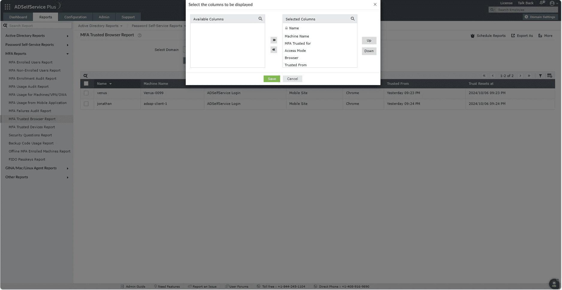 Revoking trusts in the MFA Trusted browsers report in ADSelfService Plus