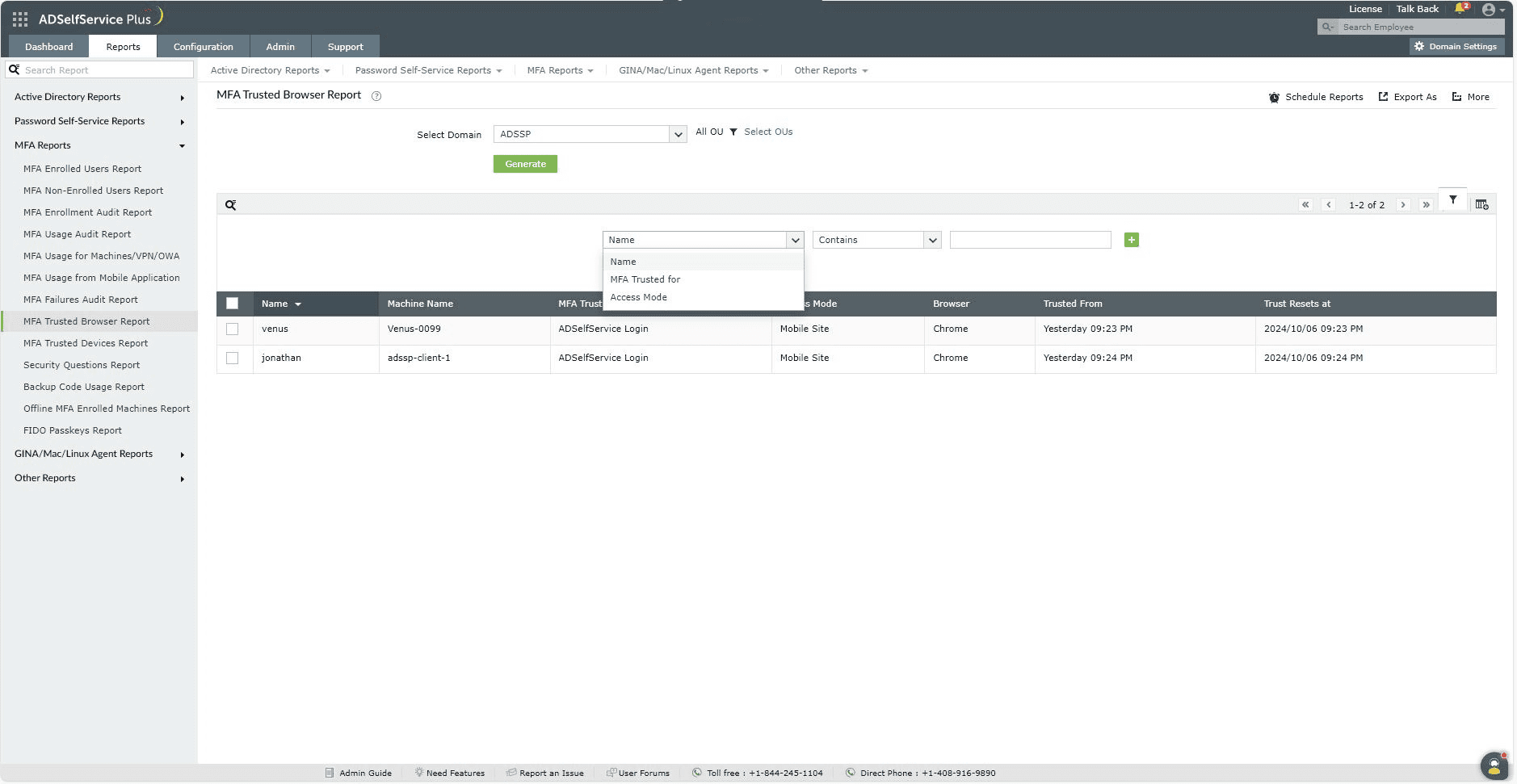 Customizing the MFA Trusted browsers report in ADSelfService Plus