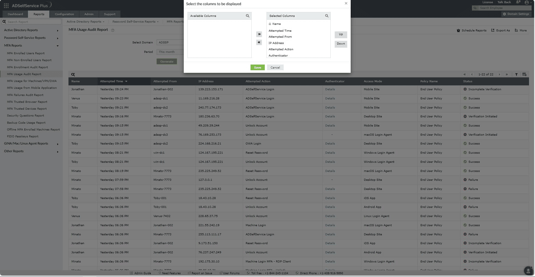 MFA usage audit report in ADSelfService Plus