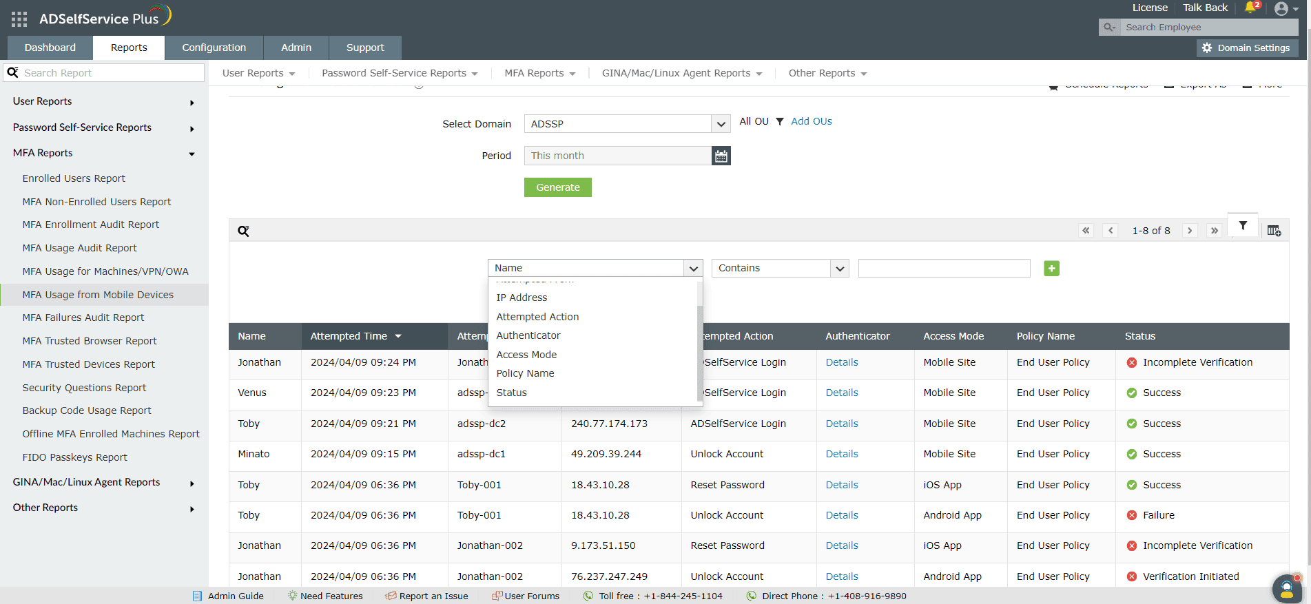 Customizing the MFA Usage from mobile devices report in ADSelfService Plus