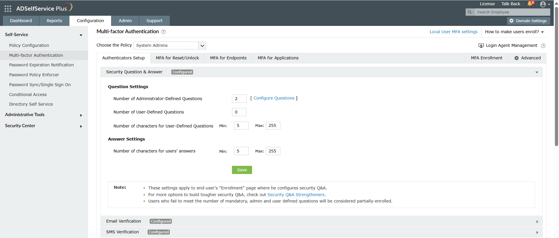 Security Question & Answer authenticator in ADSelfServicePlus