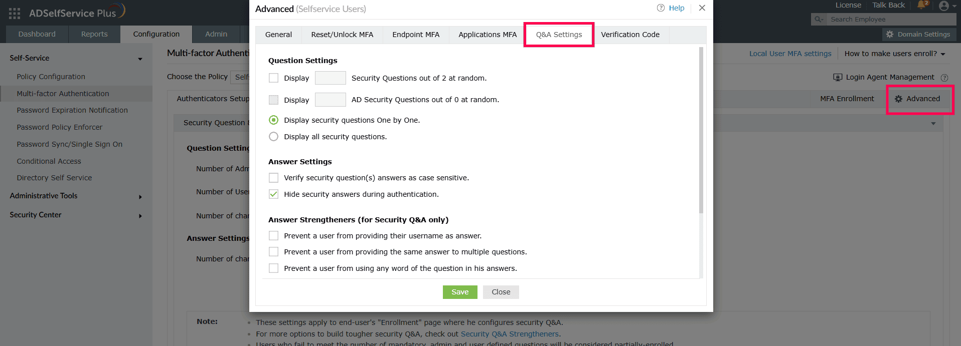 Advanced Security Question & Answer settings in ADSelfServicePlus