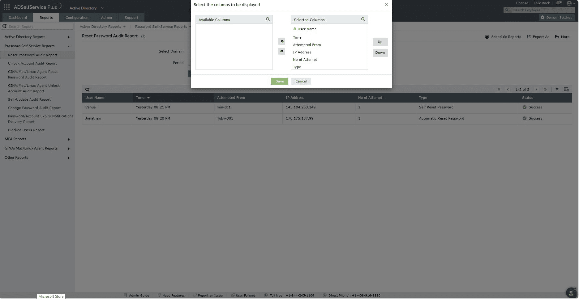 Reset password audit report in ADSelfService Plus