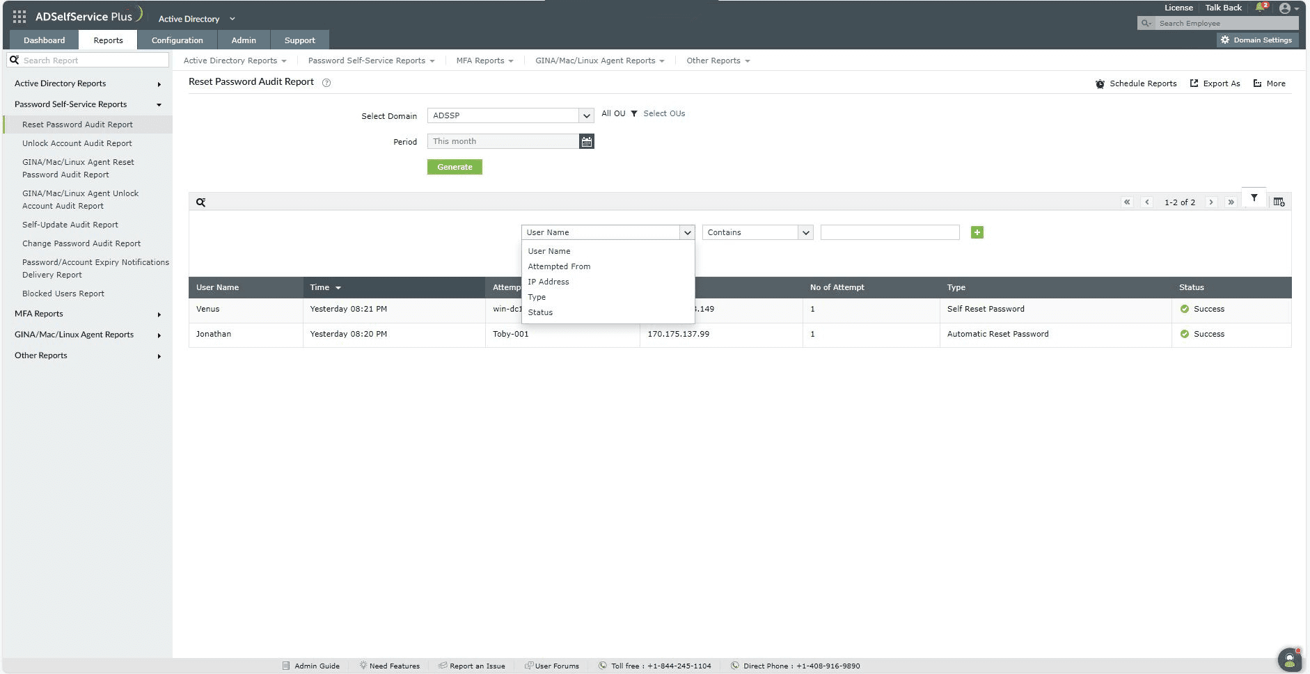 Customizing the reset password audit report in ADSelfService Plus