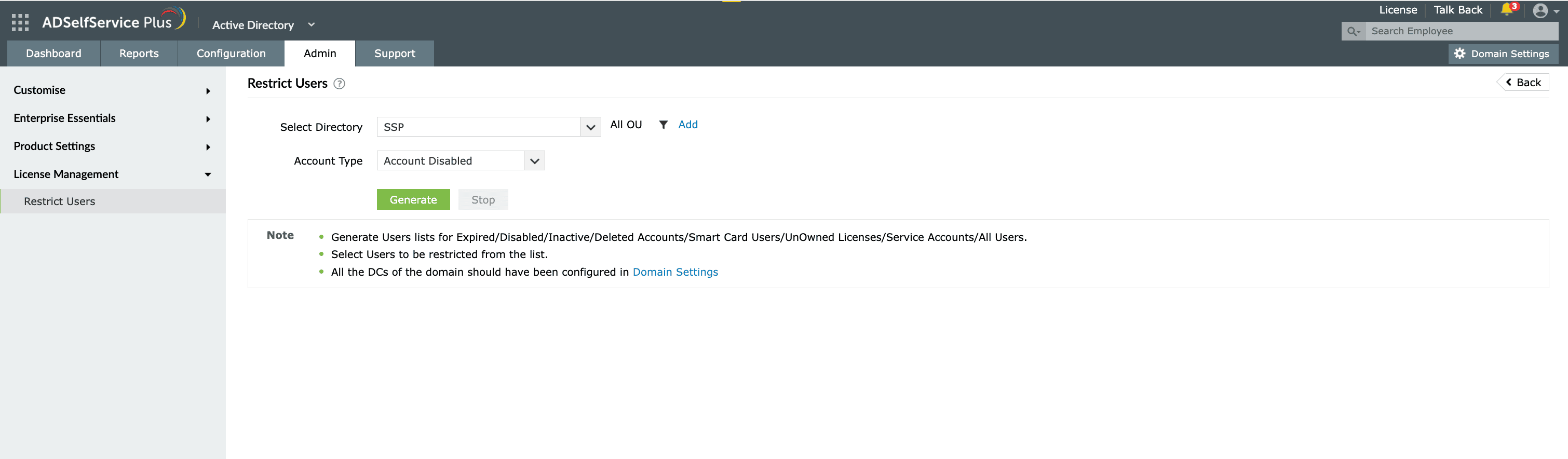 Restricting user accounts in ADSelfService Plus