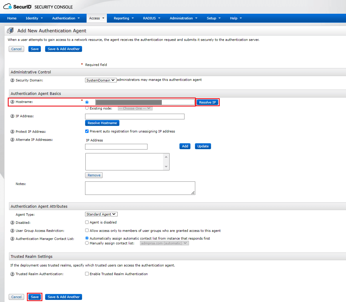 Saving the ADSelfService Plus server as an authentication agent in RSA SecurID