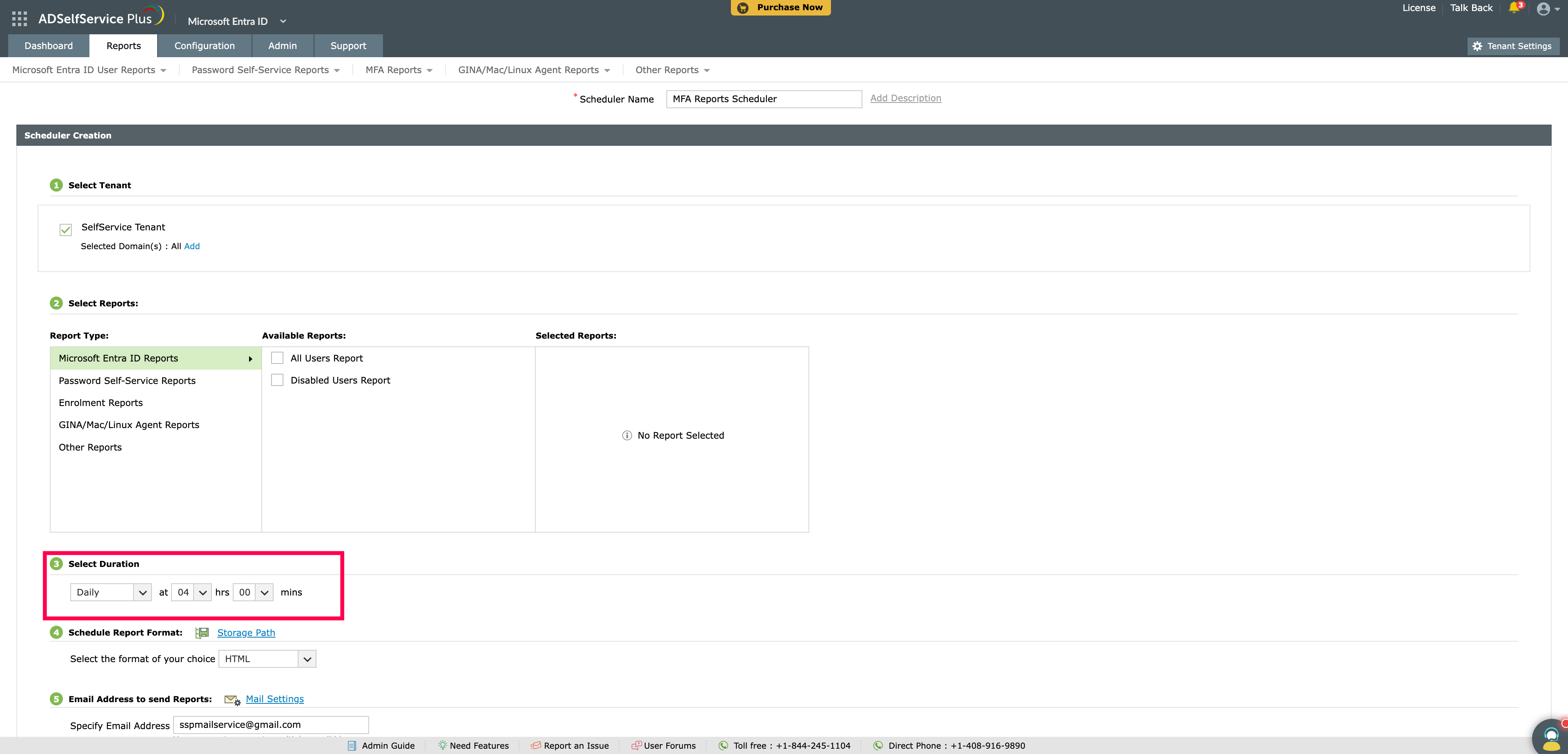 Scheduling reports customization in ADSelfService Plus
