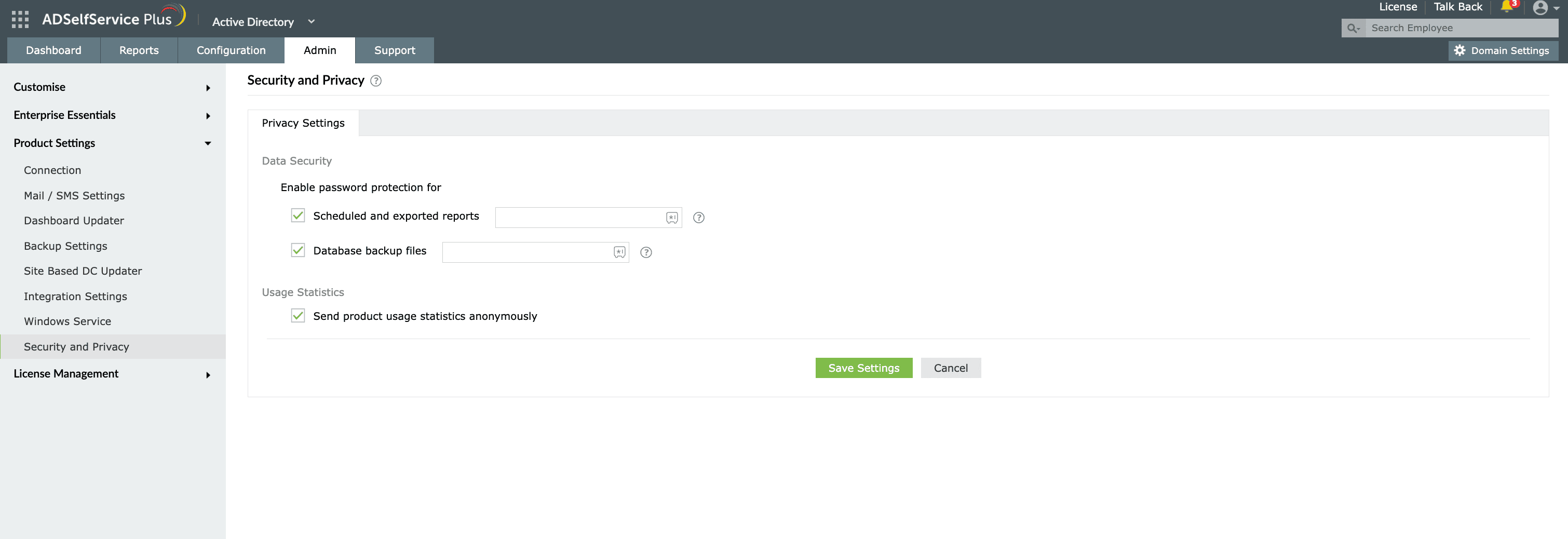 Security and Privacy settings in ADSelfService Plus