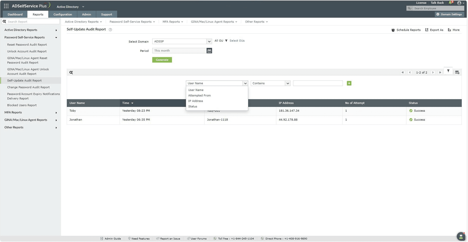 Customizing the self-update report in ADSelfService Plus