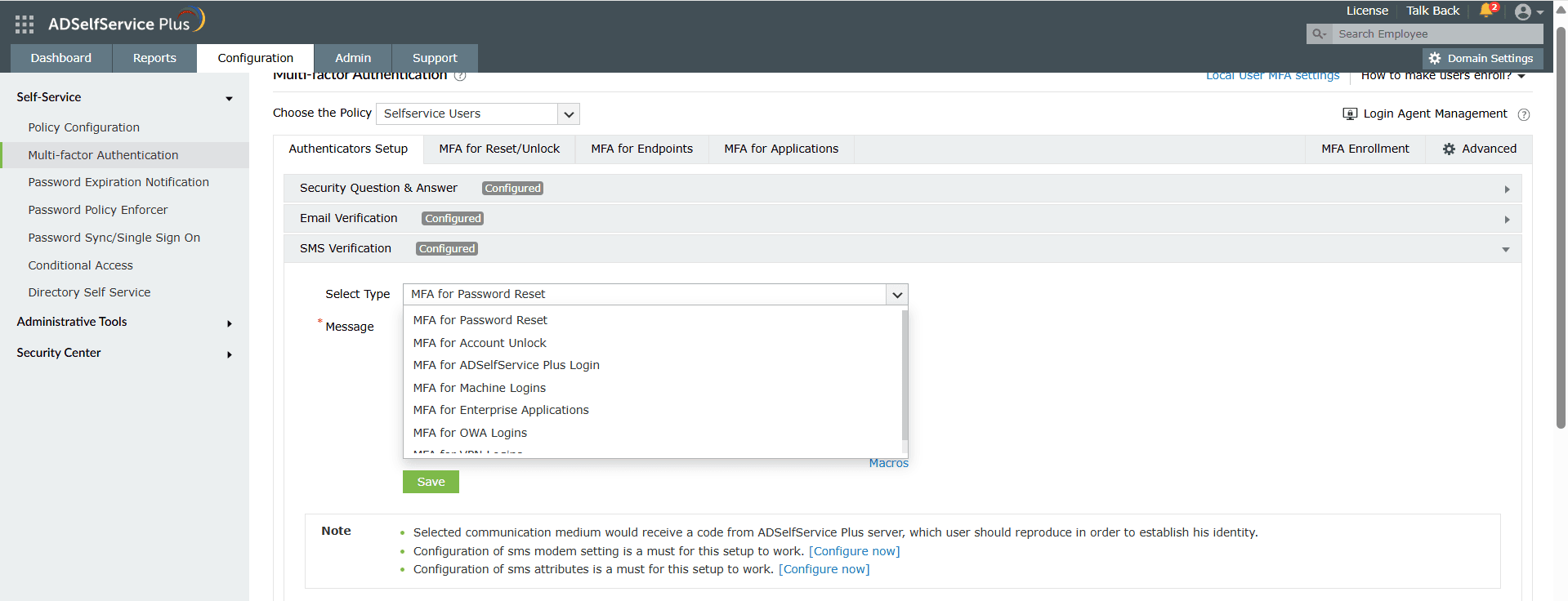 SMS Verification authenticator in ADSelfServicePlus
