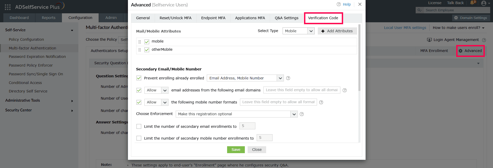 Advanced SMS Verification settings in ADSelfServicePlus