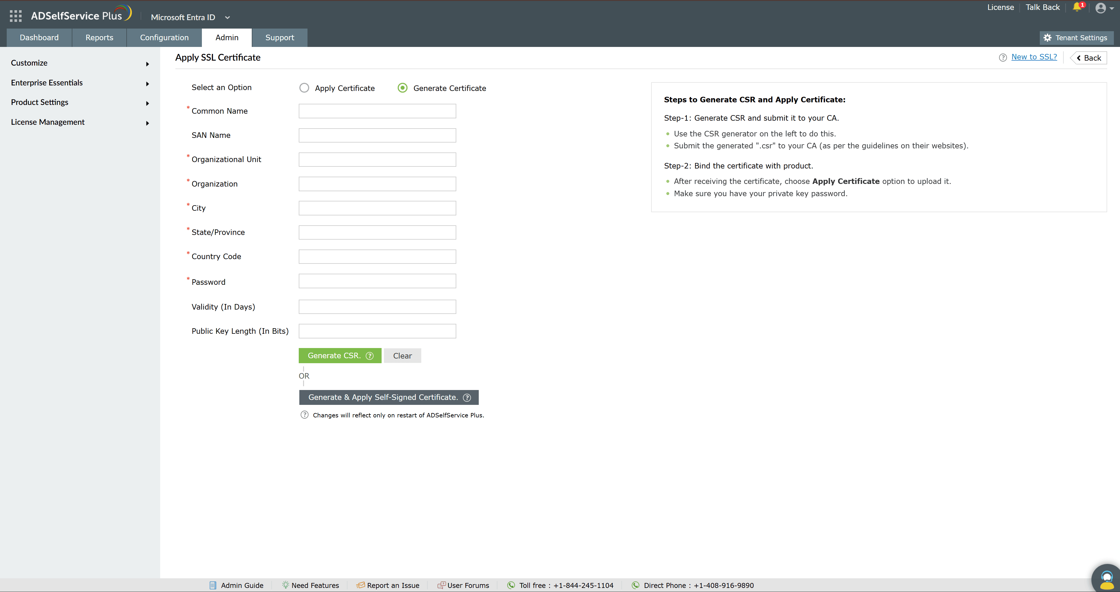 The Apply SSL Certificate page showing options to upload a certificate file along with a field to specify the certificate password if applicable.