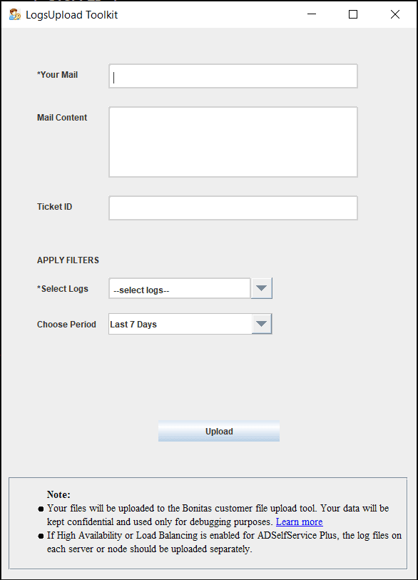 Uploading log files in the LogsUpload Toolkit