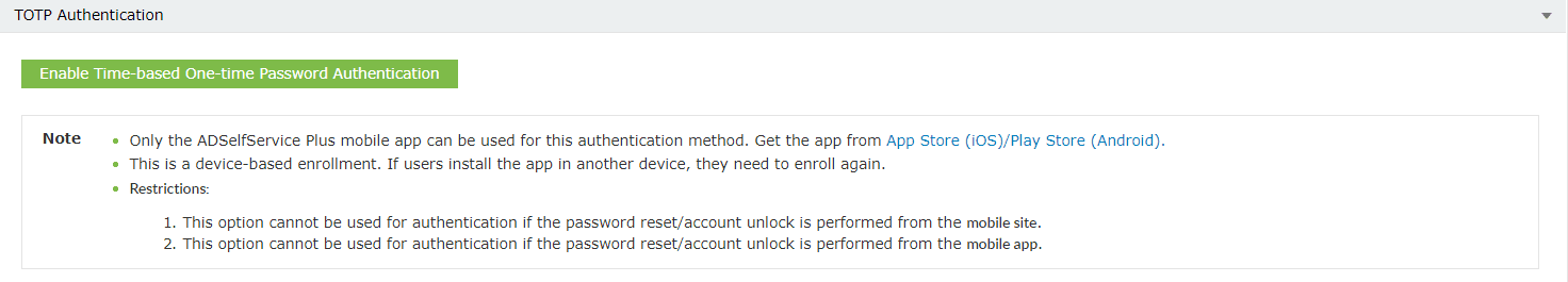 TOTP Authentication section expanded in the Multi-factor Authentication Authenticators Setup page for Active Directory users in ADSelfService Plus