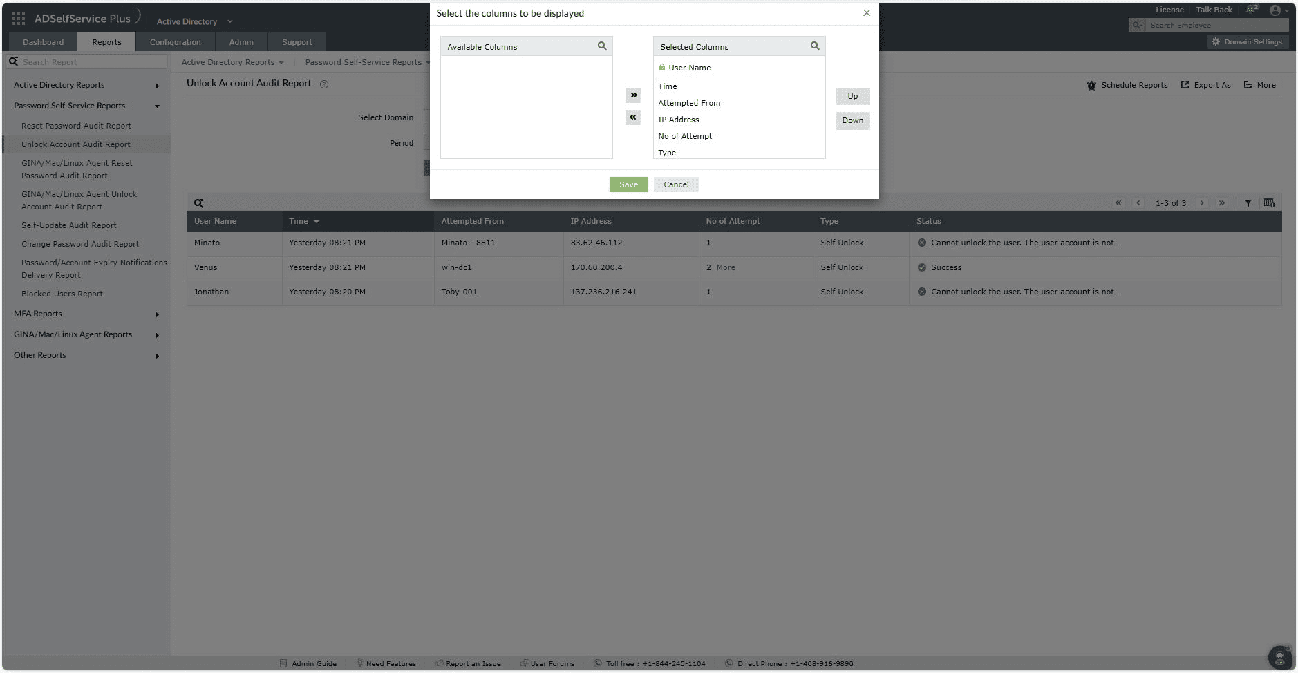 Unlock account audit report in ADSelfService Plus