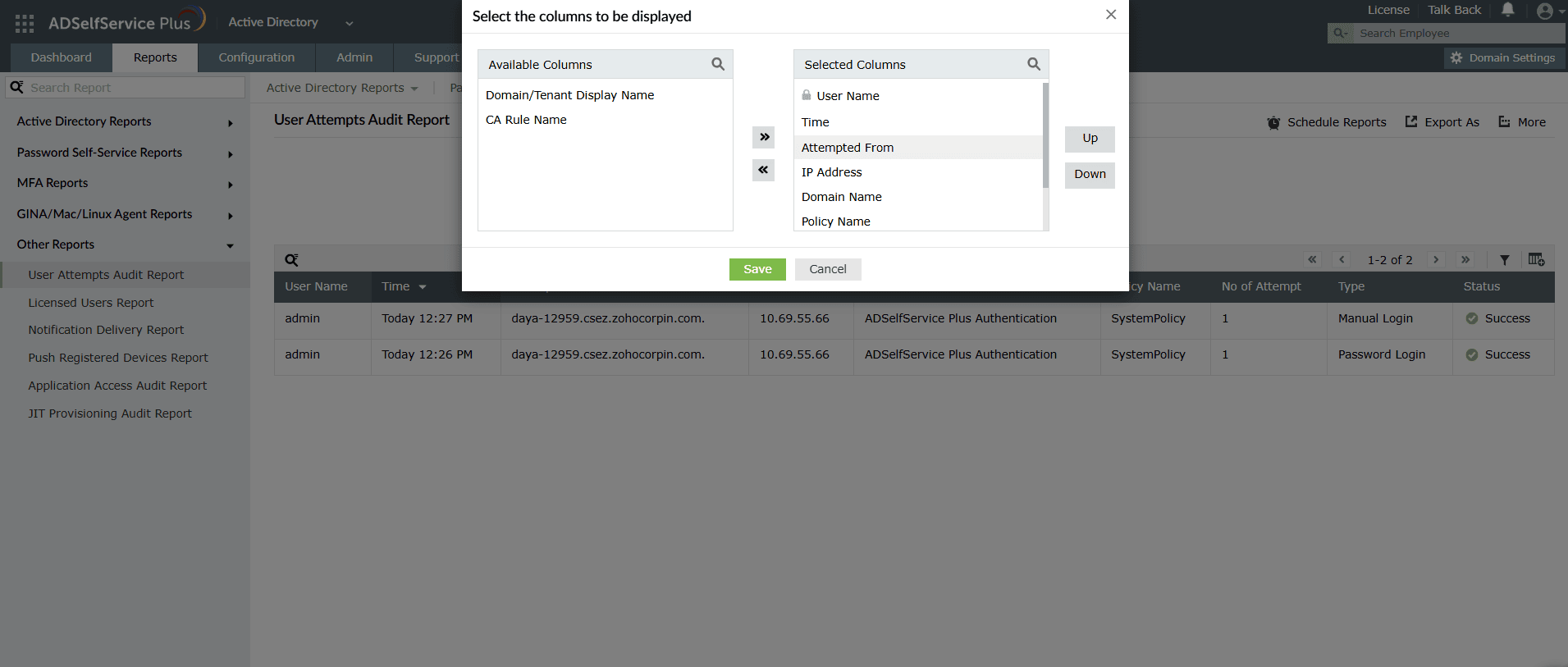 Customizing the User Attempts Audit Report columns
