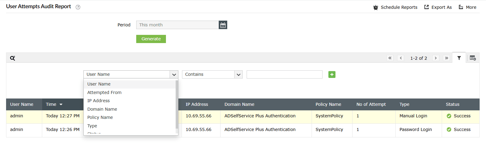 Filtering the User Attempts Audit Report