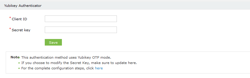 YubiKey Authenticator section expanded in the Multi-factor Authentication Authenticators Setup page in ADSelfService Plus, showing the Client ID and Secret Key fields
