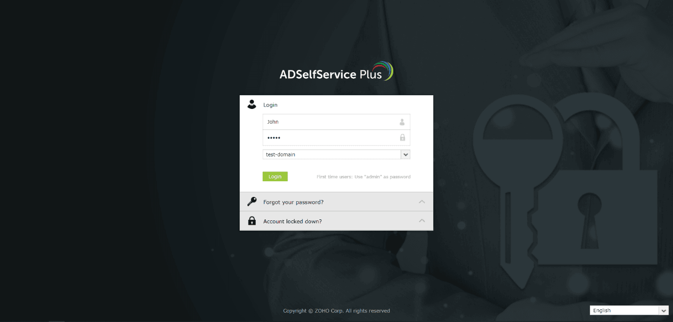The ADSelfService Plus self-service portal login page in a web browser