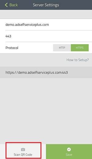 The Server Settings screen in the mobile app, with the Scan QR Code button highlighted