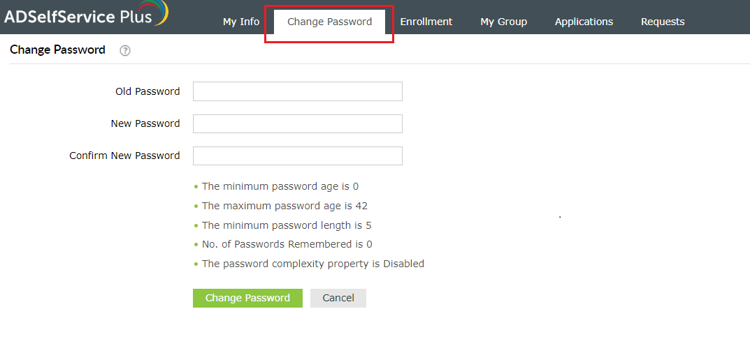 Changing your password from the Change Password tab
