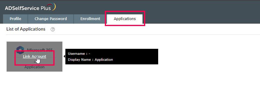 Linking an account from the Applications tab in the user portal