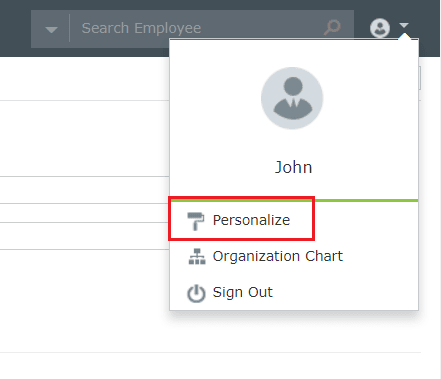 Selecting Personalize from the user menu
