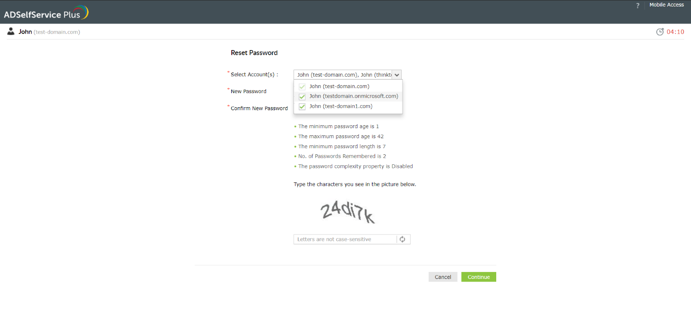 Reset enterprise account password from mobile devices