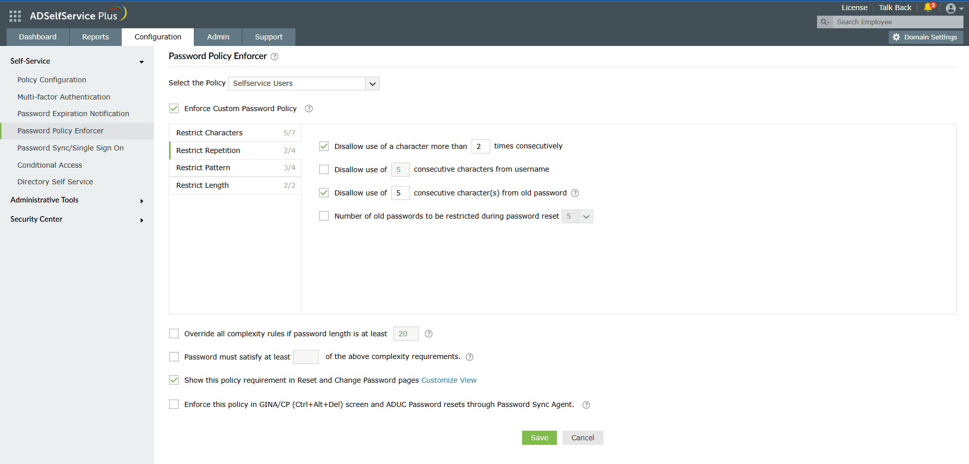 Password Policy Enforcer settings for blocking repeated characters and repetitive password patterns.