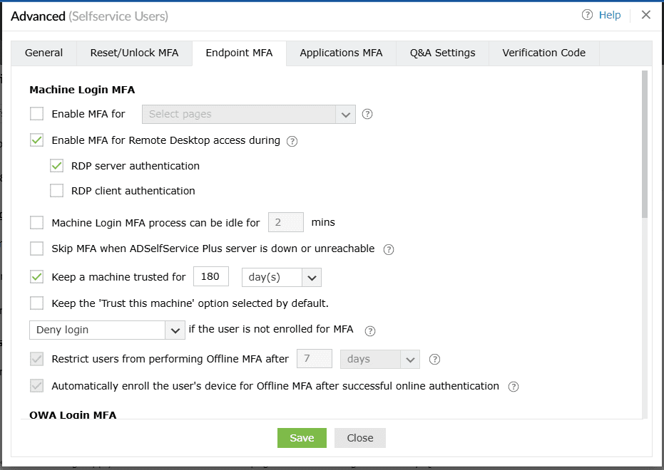 Endpoint MFA tab showing the Enable MFA for Remote Desktop access during checkbox with available options