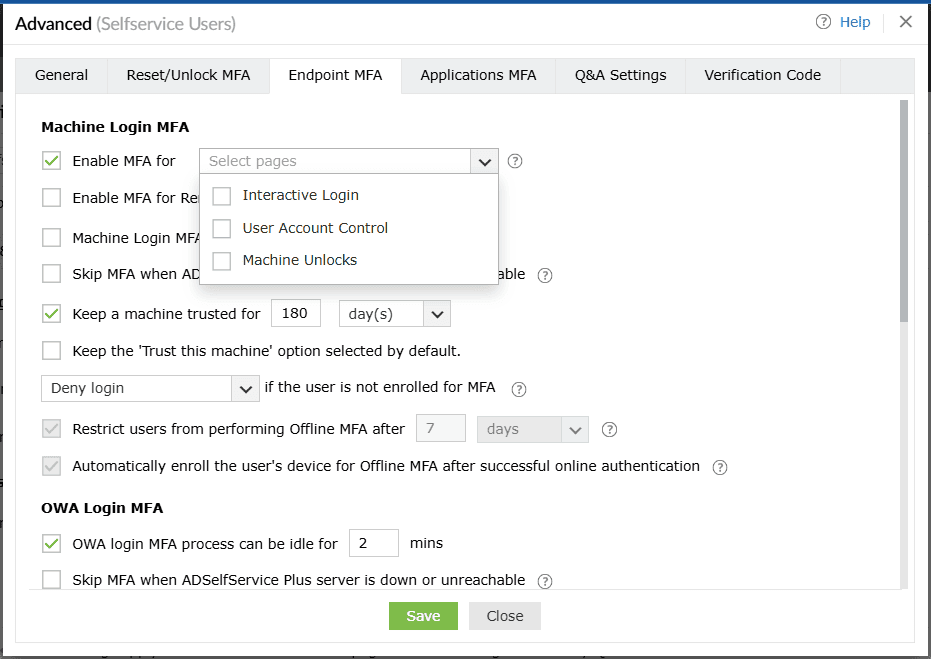 Endpoint MFA tab with Enable MFA for drop-down selected and User Account Control and Machine Unlocks options available