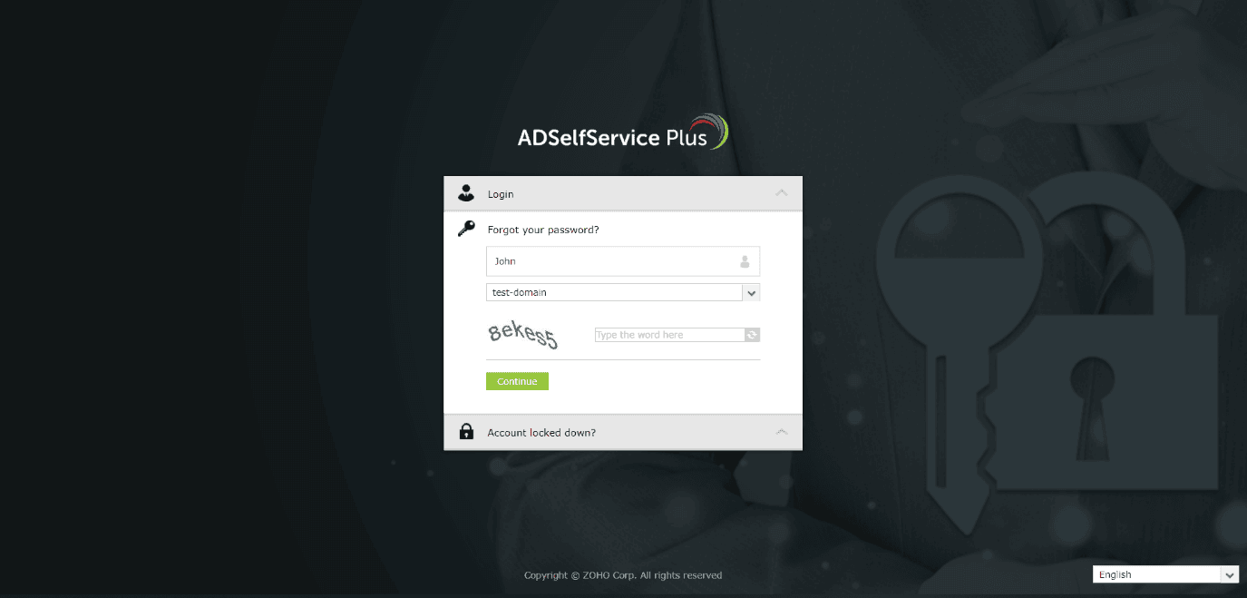ADSelfService Plus portal showing the Forgot your password prompt with username and domain fields and CAPTCHA verification.