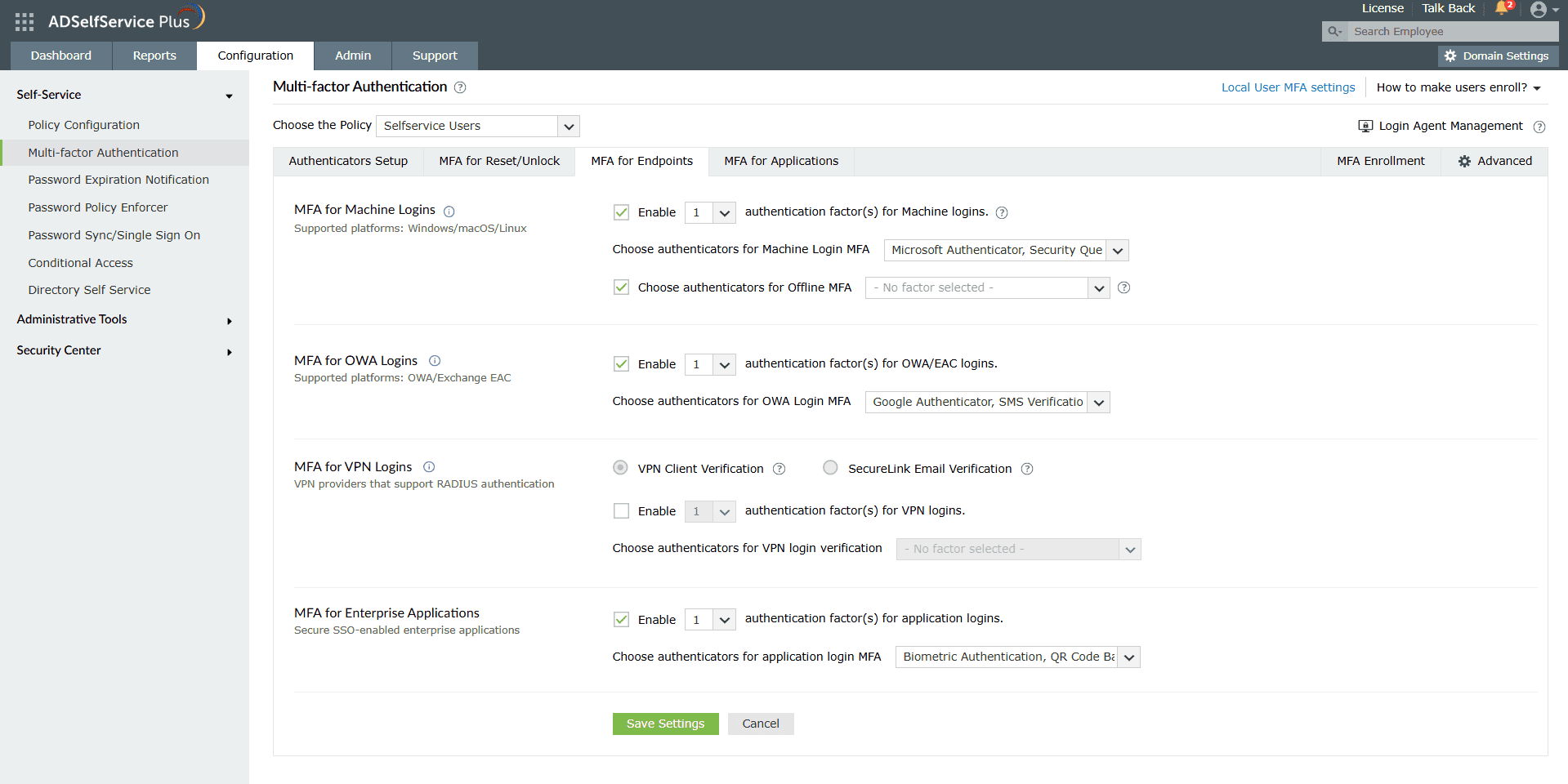 ADSelfService Plus MFA for Endpoints page with the MFA for Machine Logins feature enabled and authenticators selected