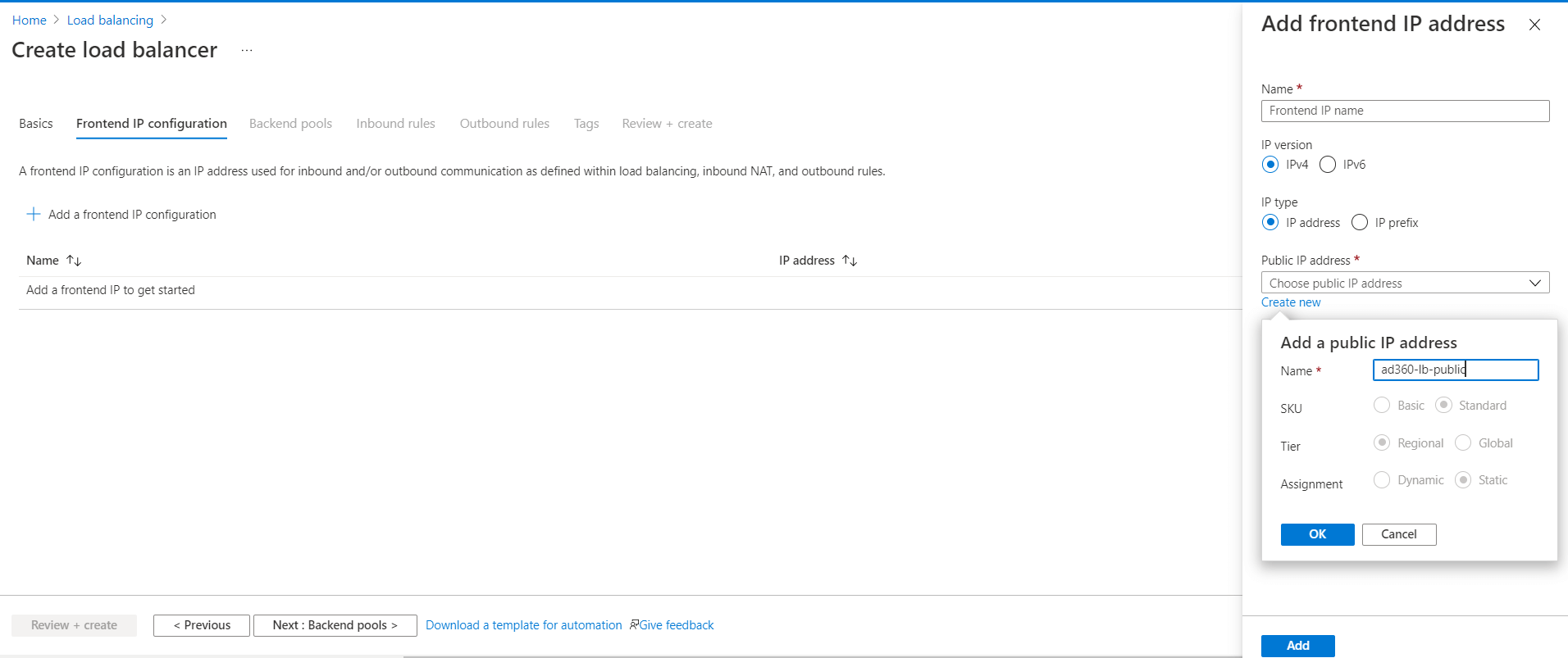 how to setup front ip address for load balancer configuration