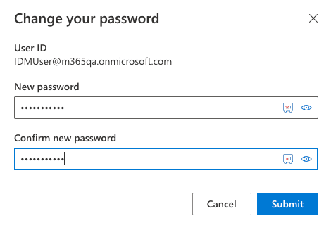 Microsoft 365 My Account page with New Password, Confirm Password fields and Submit button