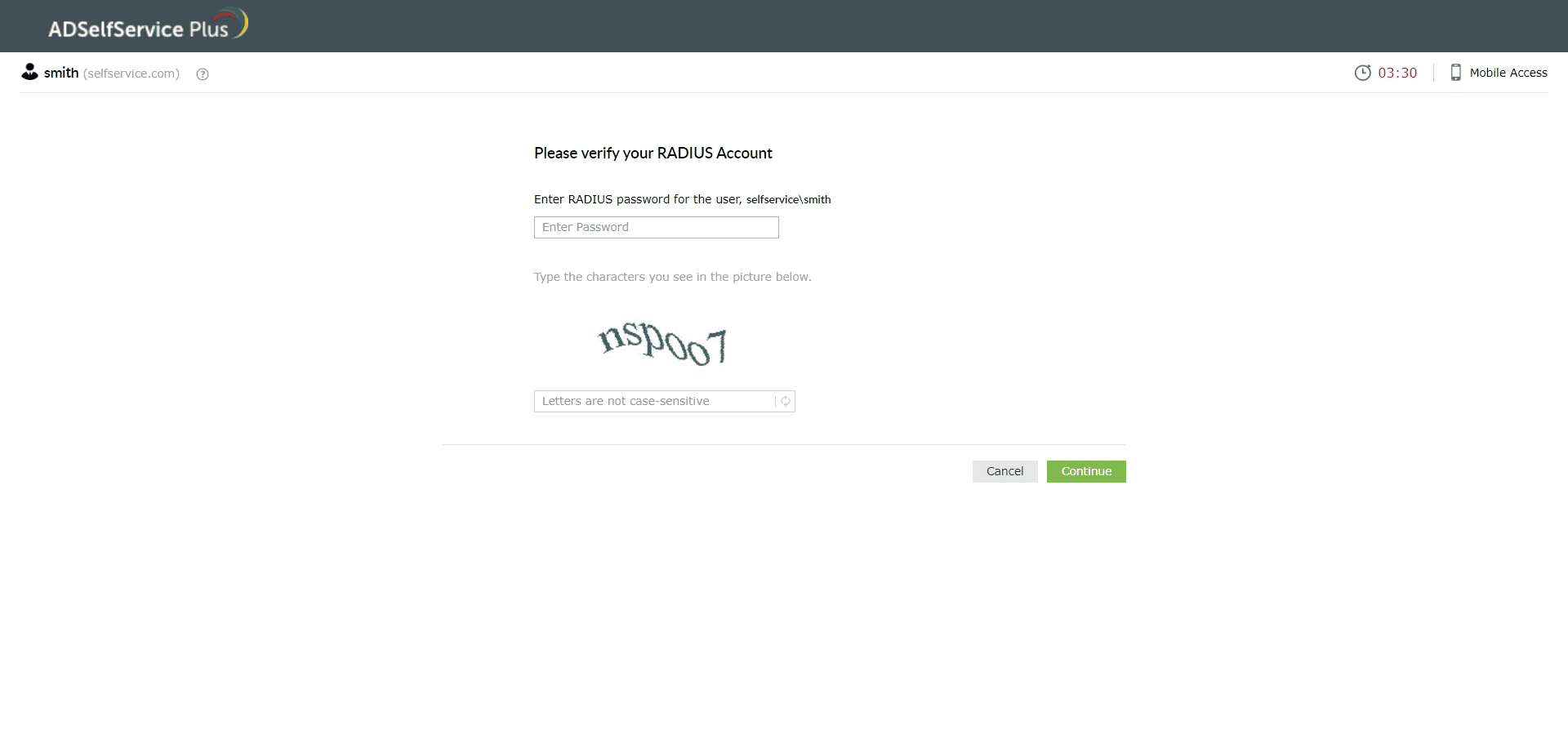 Screenshot of the ADSelfService Plus interface showing RADIUS authentication during MFA.