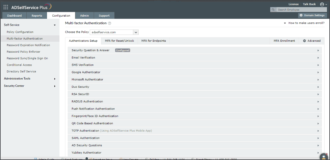 A screenshot of the Authenticators Setup tab in ADSelfService Plus.