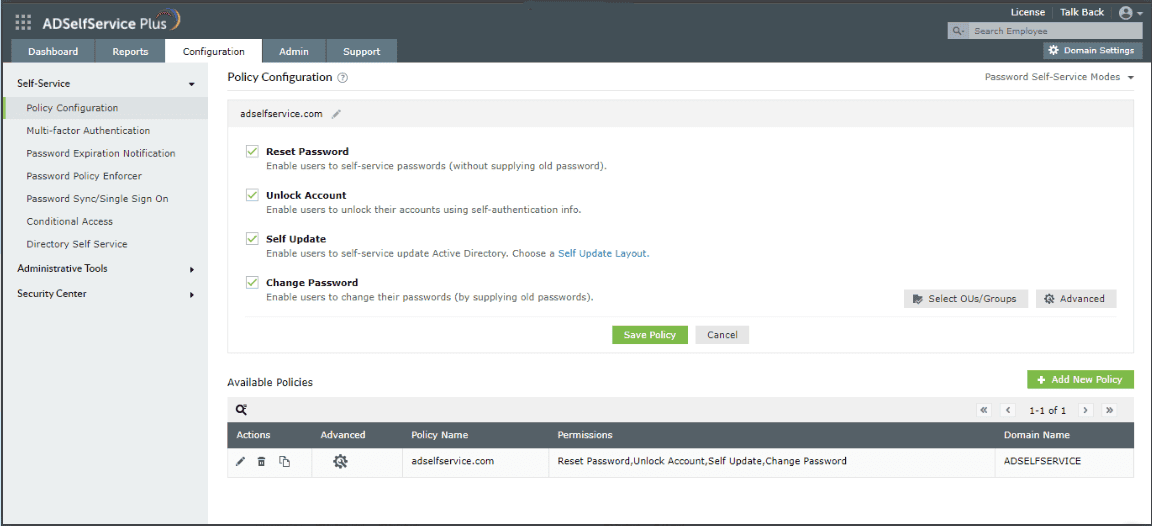 A screenshot of the self-service Policy Configuration page