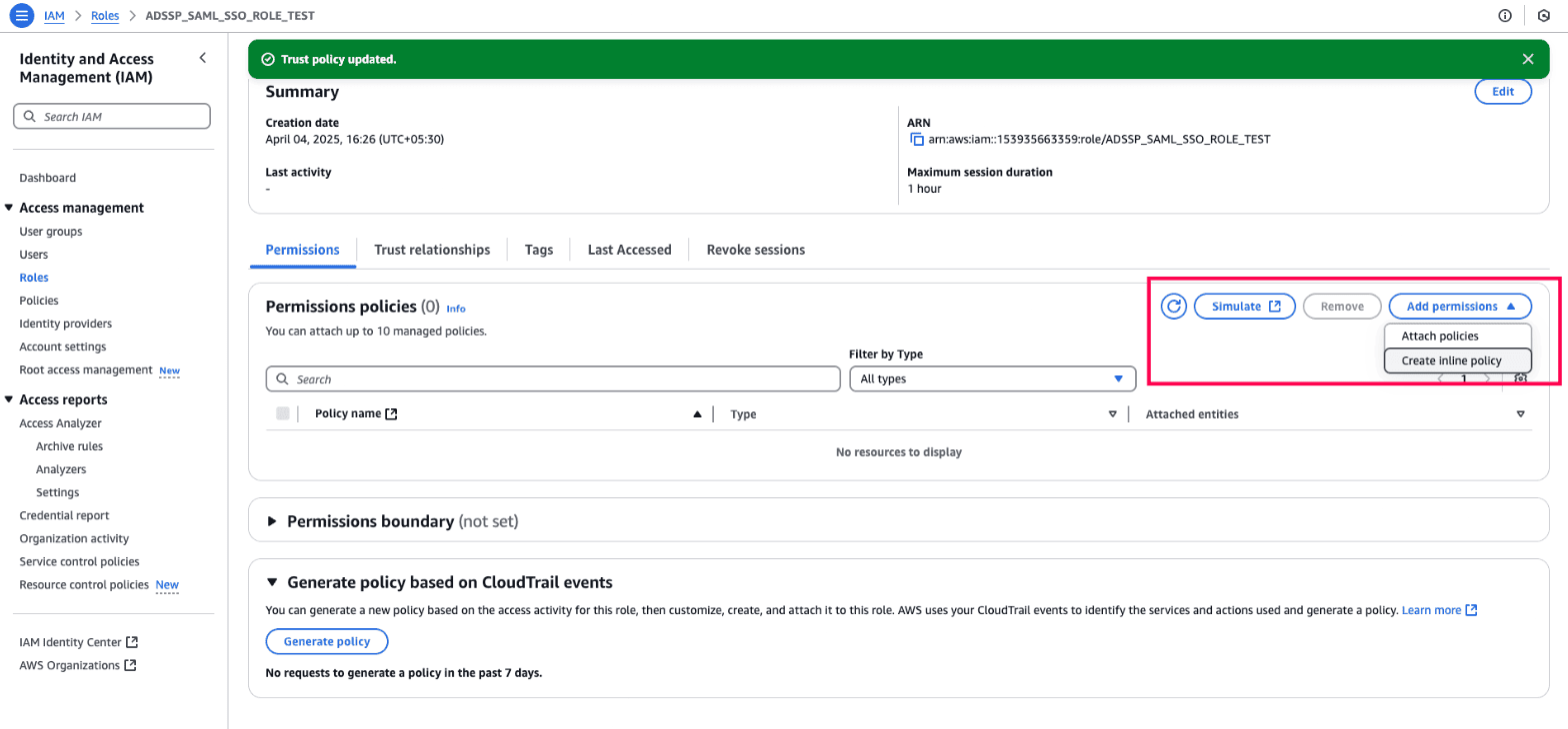 Adding an inline policy to the IAM role for SAML-based access to Amazon WorkSpaces.