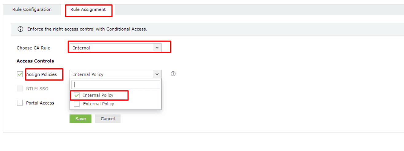 Assigning Conditional Access rules for the Internal Policy where MFA is disabled.