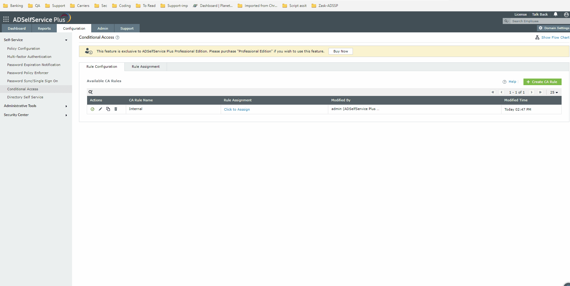 Configuring a Conditional Access rule for the external IP range by modifying the criteria to 'NOT 1' and assigning the External Policy.
