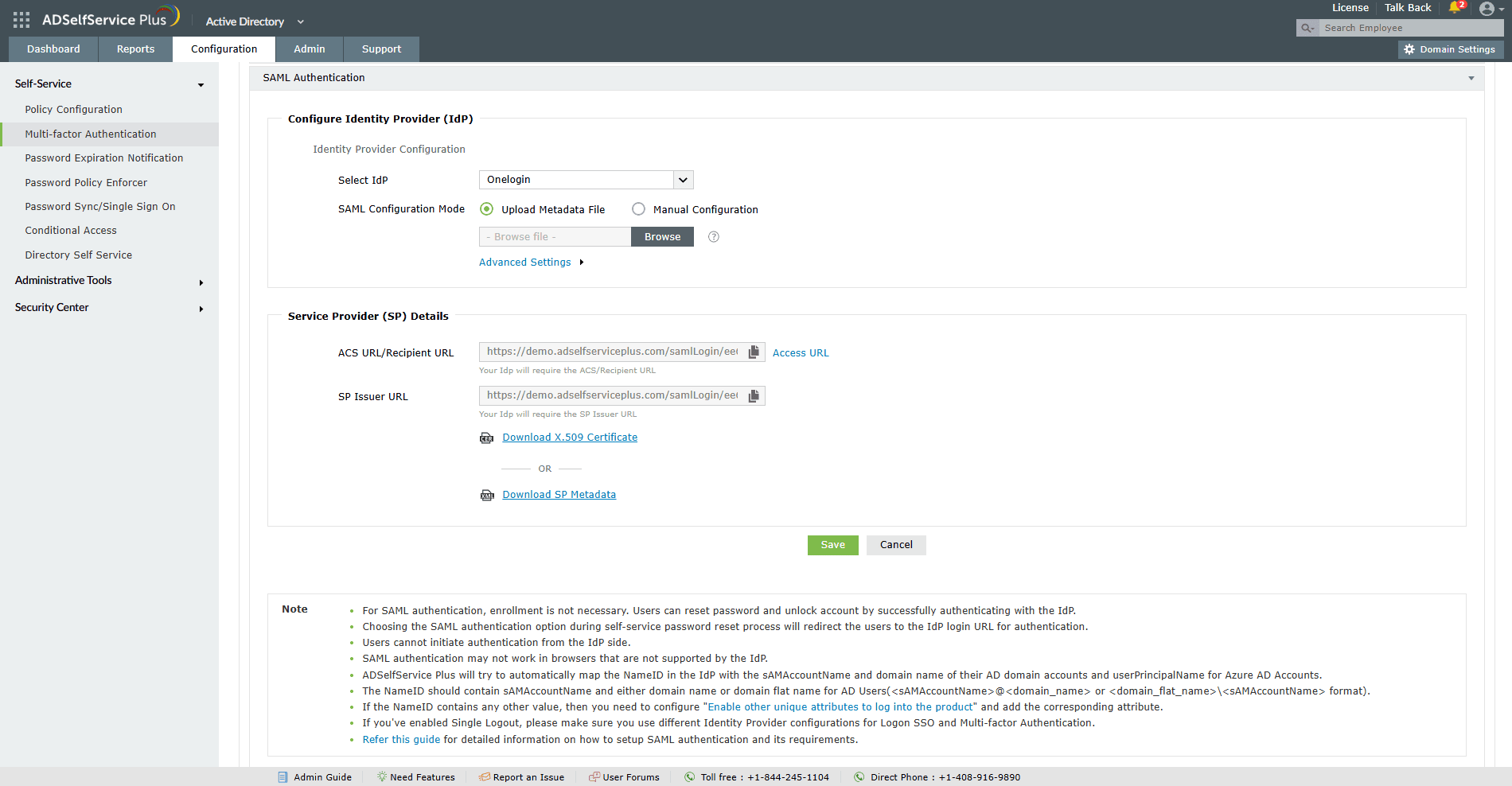 SAML Authentication configuration in ADSelfService Plus with IdP setup and service provider details