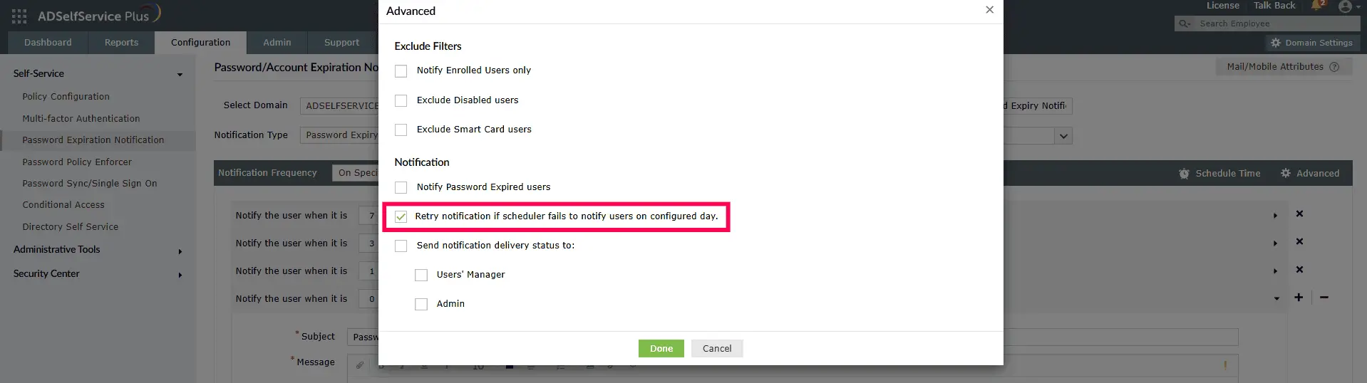 Steps to enable the retry option for failed password expiration notifications.